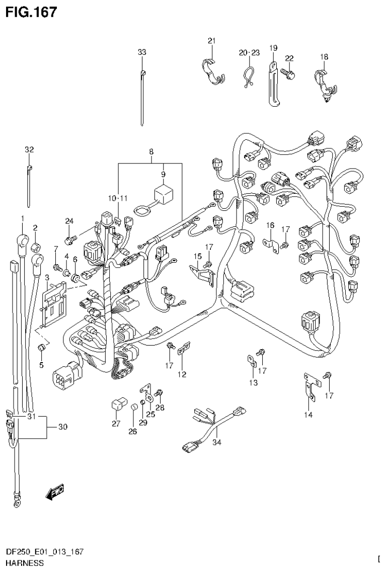 Suzuki DF200T, DF200Z, DF225T, DF225Z, DF250T, DF250Z HARNESS (DF250Z E1) parts diagram